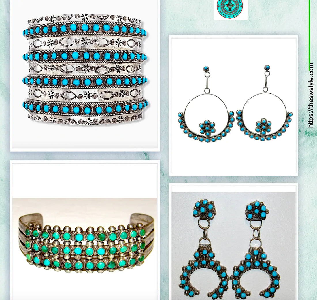 Collection of Zuni snake-eye turquoise jewelry including bracelets and earrings with turquoise stones