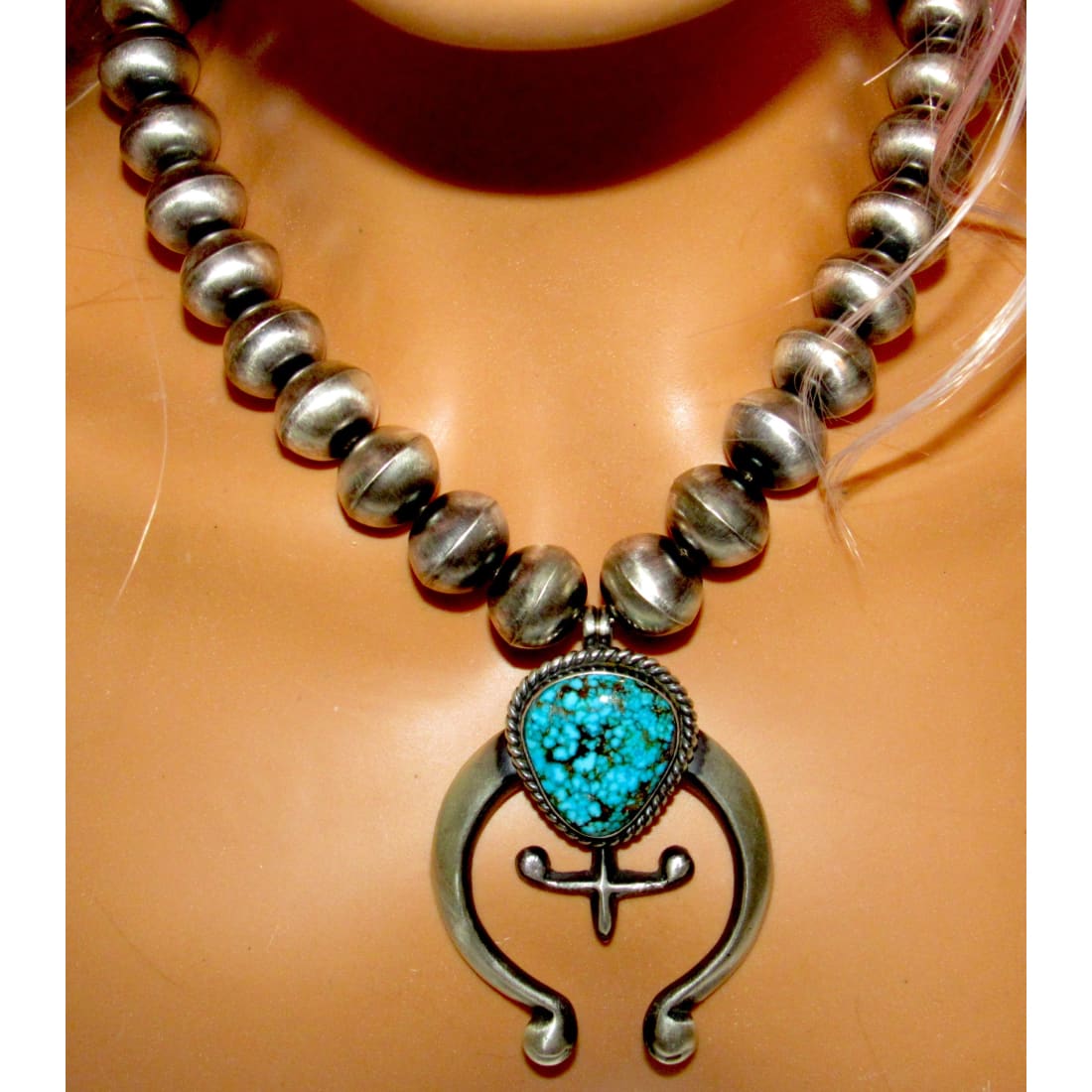 Navajo Squash Blossom Necklace E Hale Number 8 Turquoise Sterling Silver 110 G