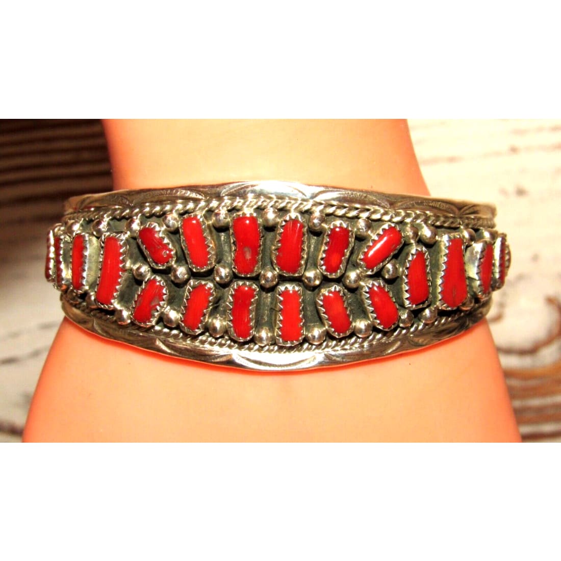 Navajo Mediterranean Coral Cuff Cluster Bracelet Sterling Silver Signed