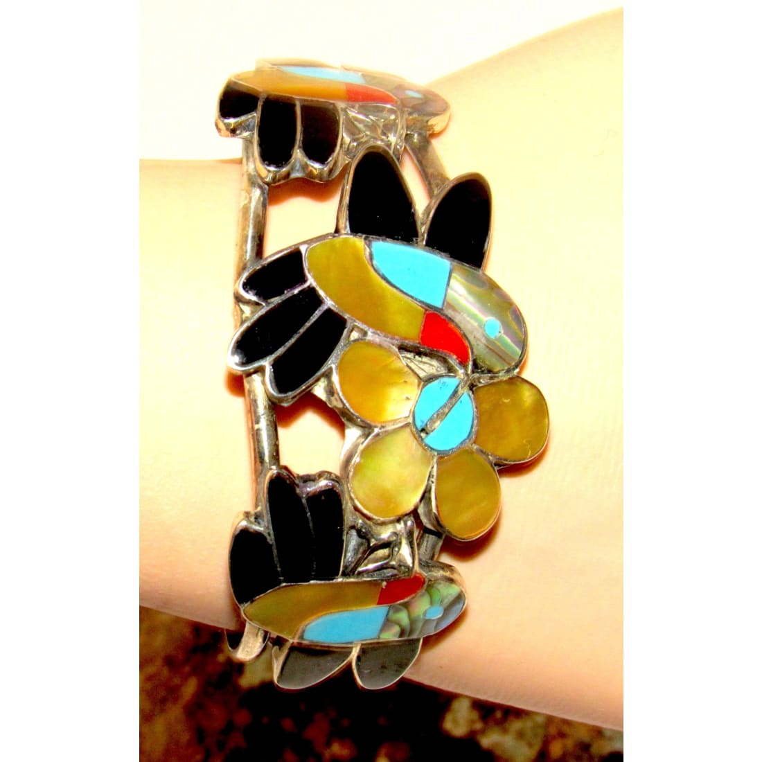 Vintage Zuni Inlay Hummingbird Cuff Bracelet Sterling Silver Jet Turquoise Shell