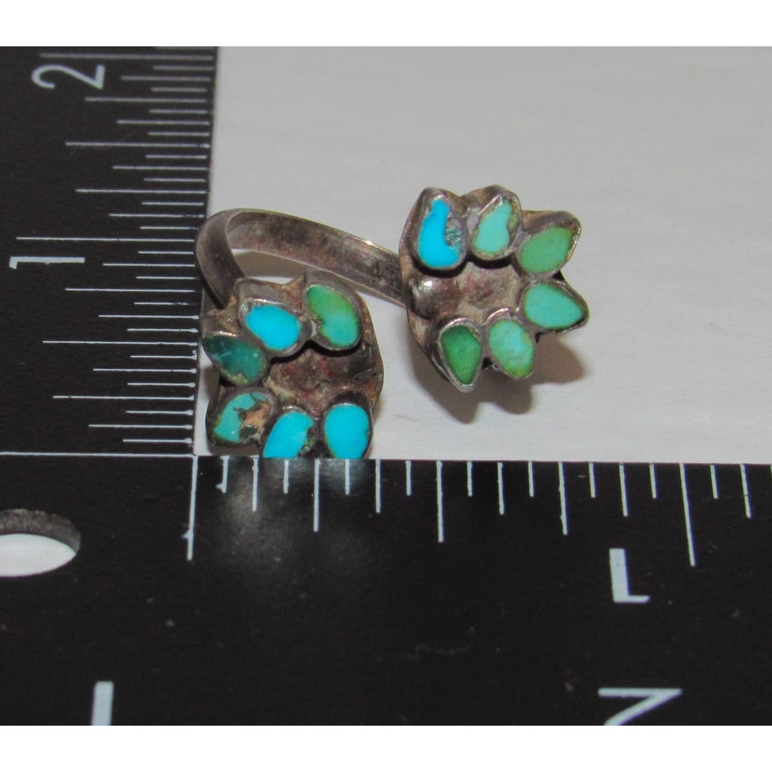 Old Pawn Zuni Turquoise Inlay Bypass Ring Sterling Silver Size 6 Adjustable