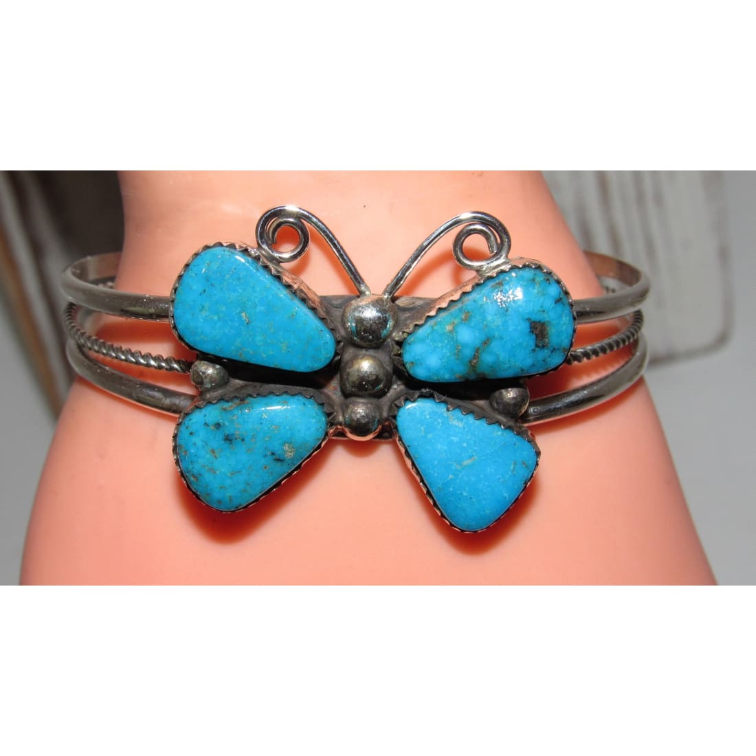 Navajo Kingman Turquoise Butterfly Cuff Bracelet Sterling Silver Signed