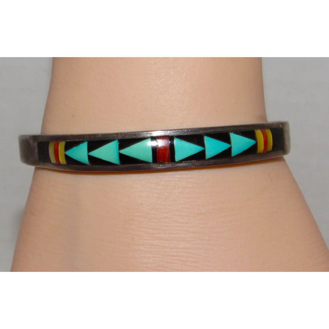Vintage Zuni Turquoise Multi Stone Inlay Stacker Cuff Bracelet Sterling Singed