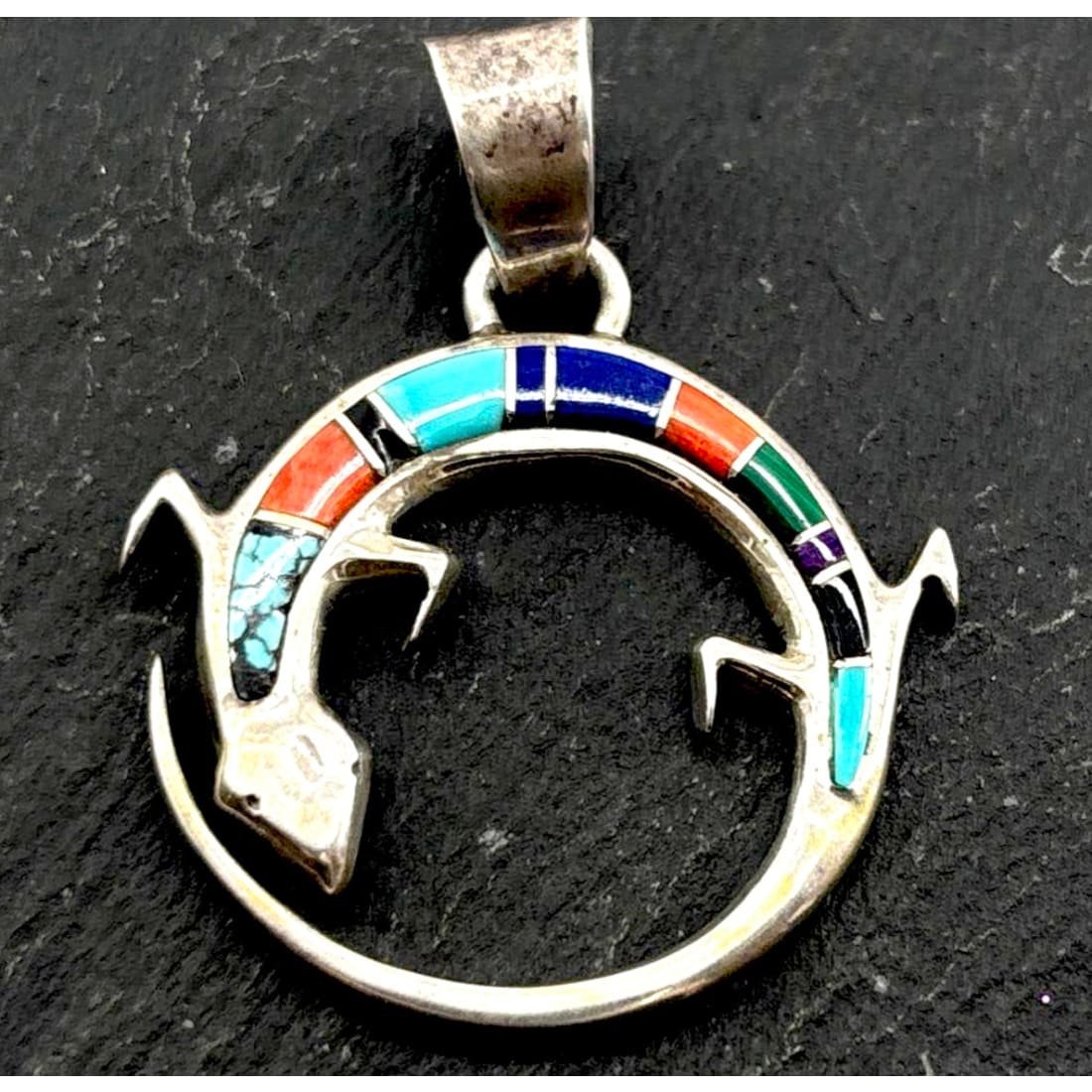Navajo Calvin Begay Inlay Lizard Pendant Sterling Silver Touch of Santa Fe TSF