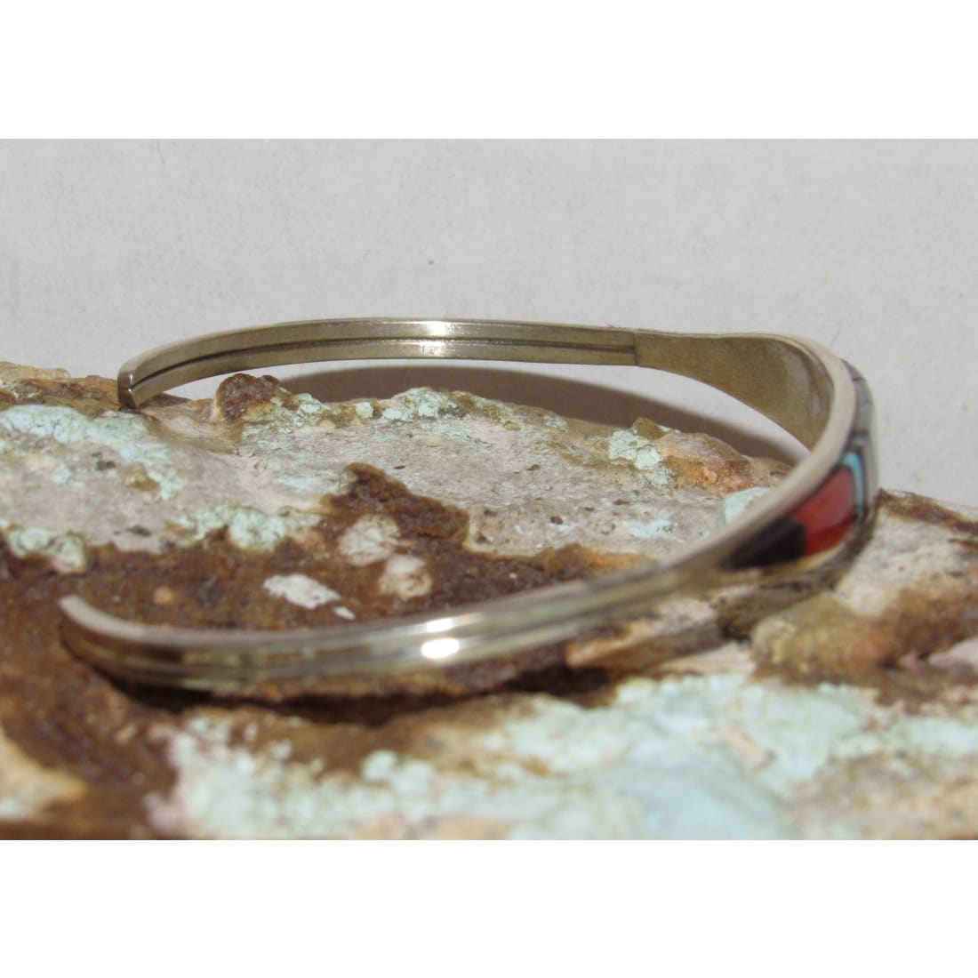 Zuni Inlay Turquoise Coral Bracelet Sterling Silver C. Weebothee Stacker