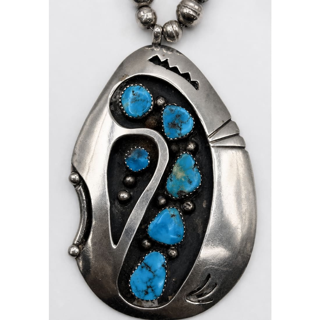Old Pawn Navajo Kingman Turquoise Pendant Necklace Sterling Navajo Pearls Necklace