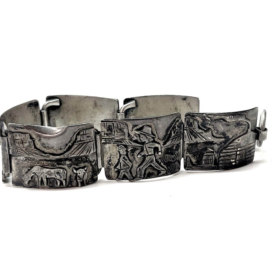 Vintage Navajo Sterling Silver Storyteller Panel Bracelet J. Livingston Signed