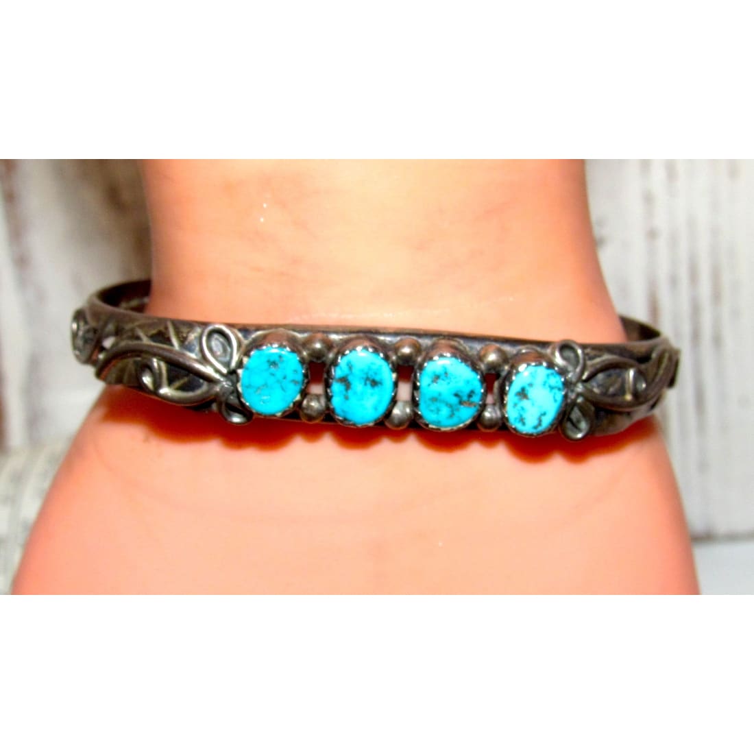Vintage Navajo Kingman Turquoise Stacker Cuff Bracelet Sterling Silver