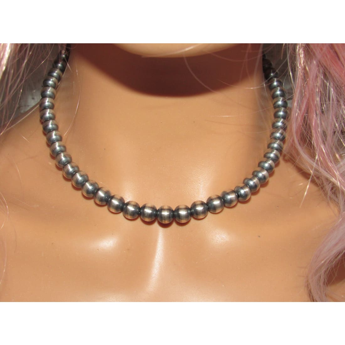 8mm Navajo Pearls Necklace Sterling Silver Choker Necklace 16"L