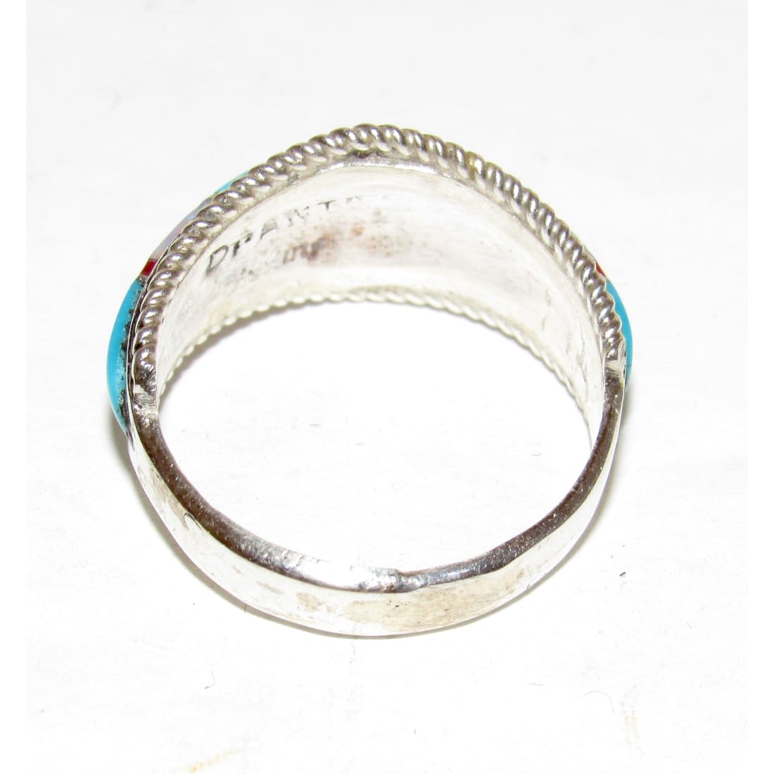 Zuni Turquoise Opal Coral Inlay Ring Sz 7.5 Sterling Silver D. Luna