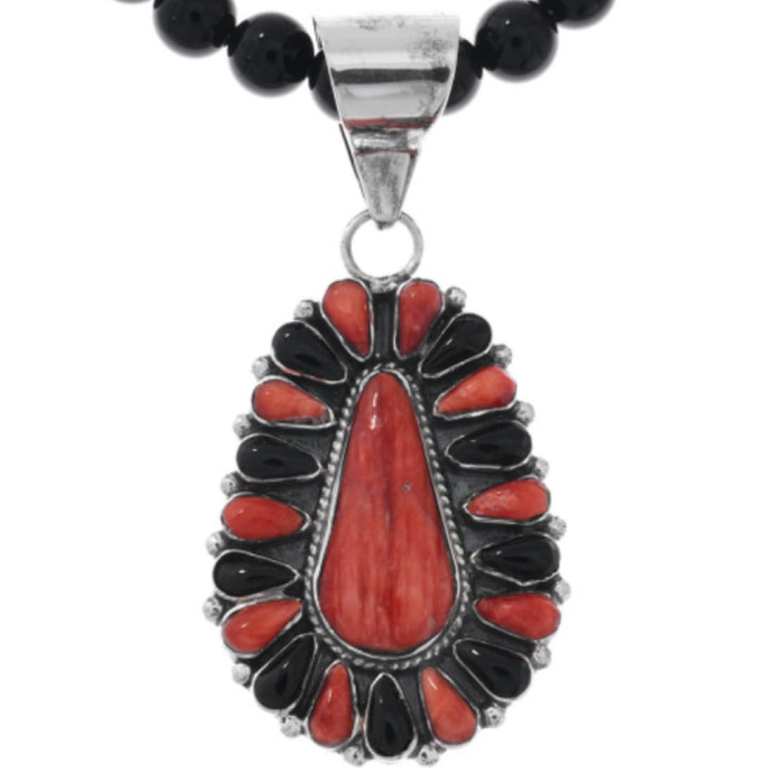 Navajo Red Orange Spiny Onyx Cluster Necklace Earrings Set Signed