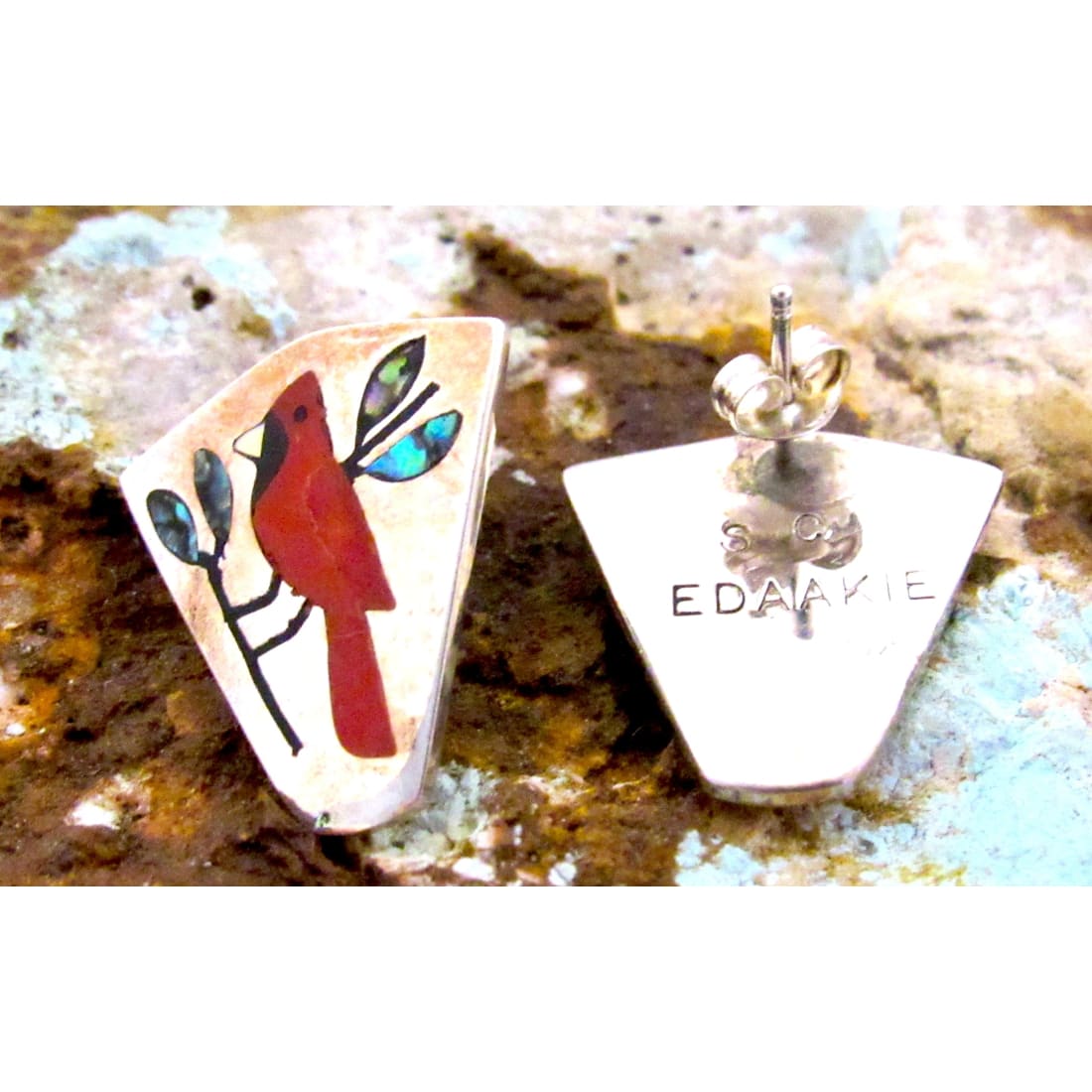 Vintage Zuni Inlay Cardinal Post Earrings Sterling Silver S C Edaakie