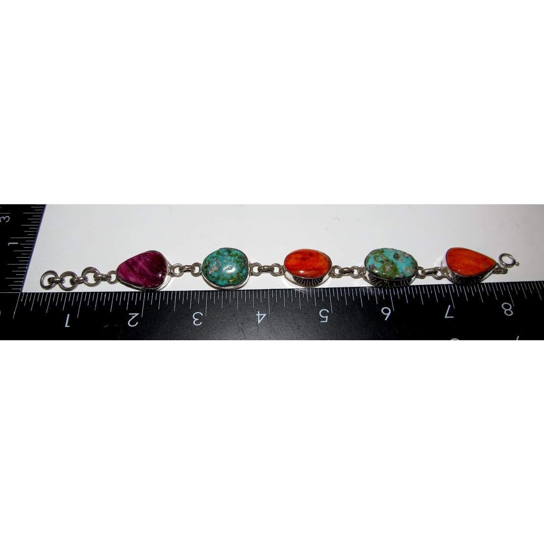 Navajo Turquoise Orange Purple Spiny Adjustable Link Bracelet Sterling J. Yazzie