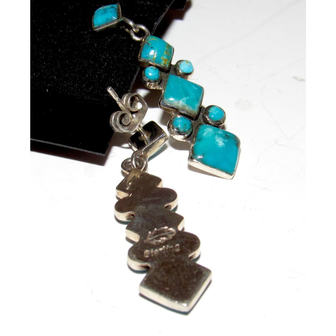 Vintage Navajo Turquoise Cluster Sterling Silver Dangle Earrings Native Signed