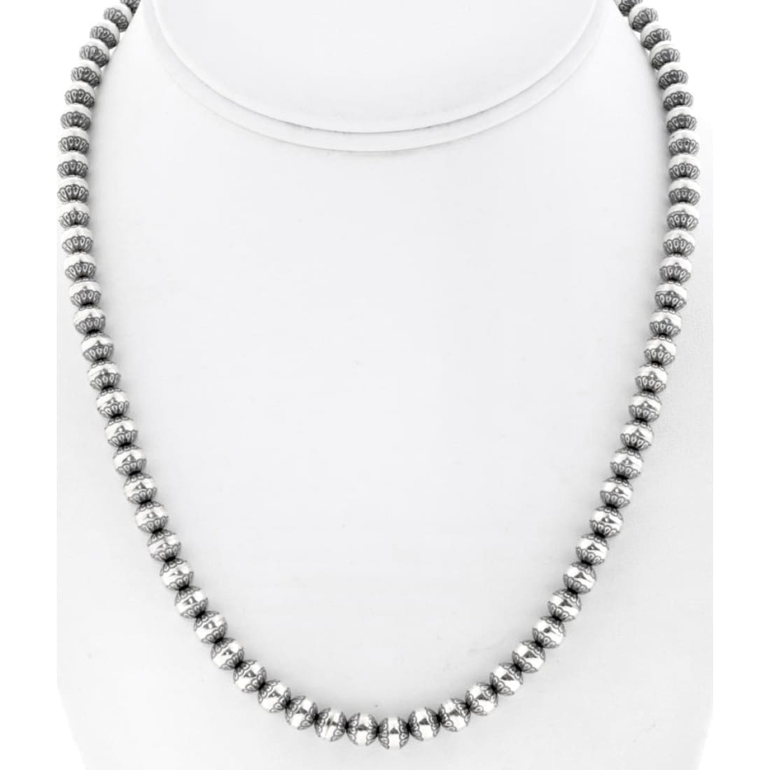Native American Navajo pearls necklace sterling silver beaded design on display stand