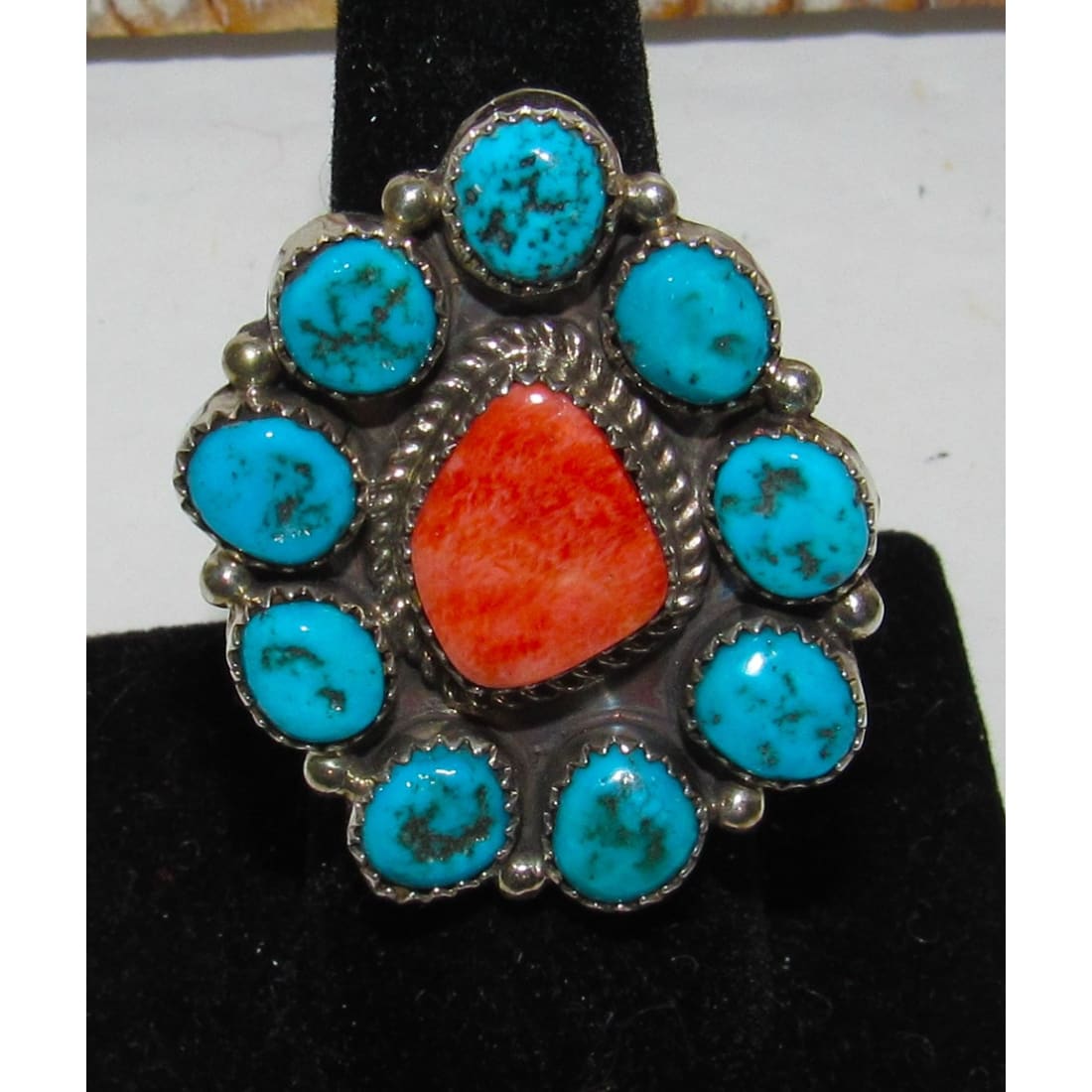 Navajo Cluster Ring Sz 7 Orange Spiny Oyster Kingman Turquoise Sterling Silver