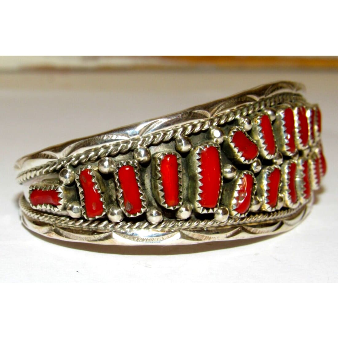 Navajo Mediterranean Coral Cuff Cluster Bracelet Sterling Silver Signed