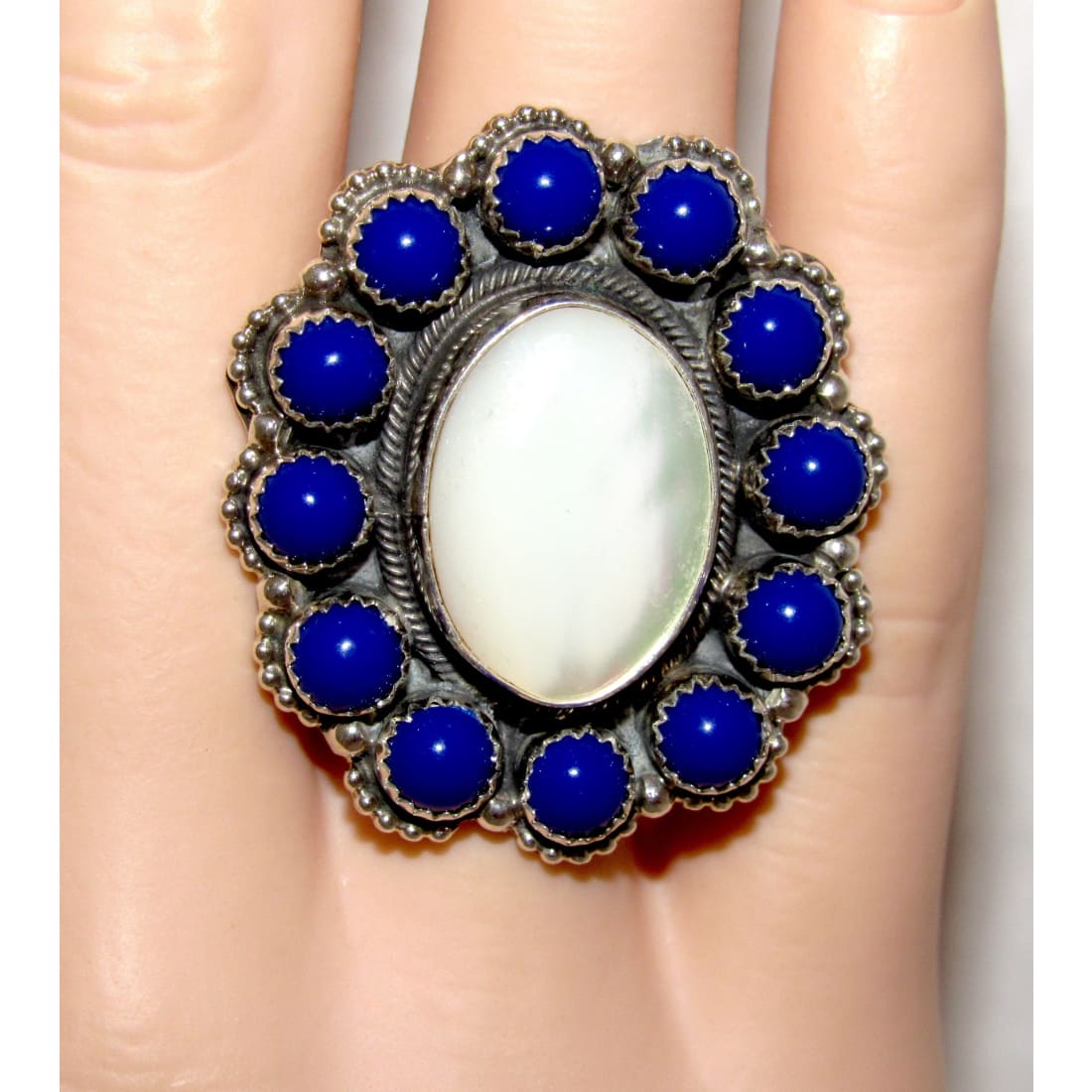 Navajo Mother of Pearl Ring Lapis Lazuli Cluster Ring Size 8.5 Sterling Silver
