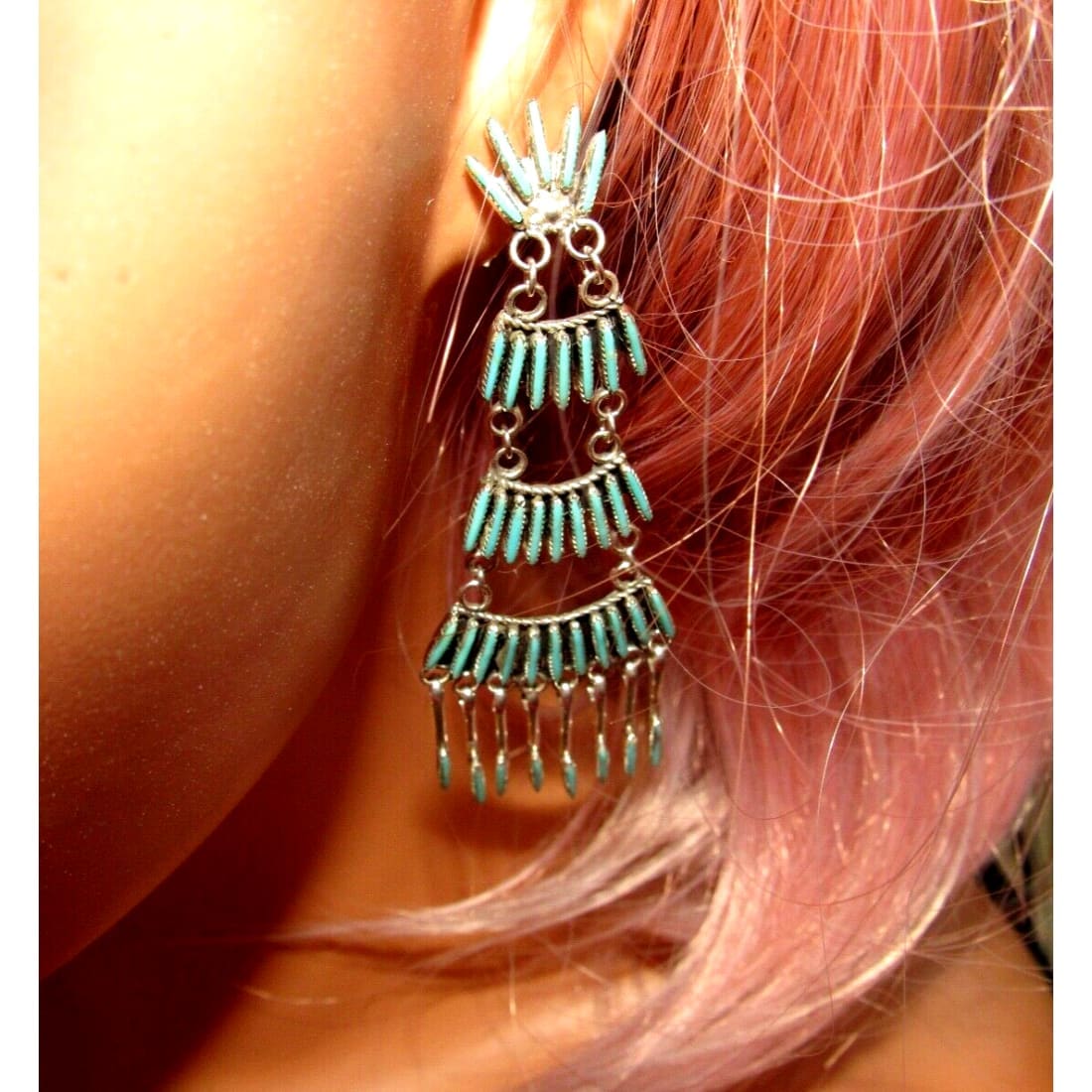 Zuni Needlepoint Turquoise Dangle Statement Earrings Sterling Silver 4"