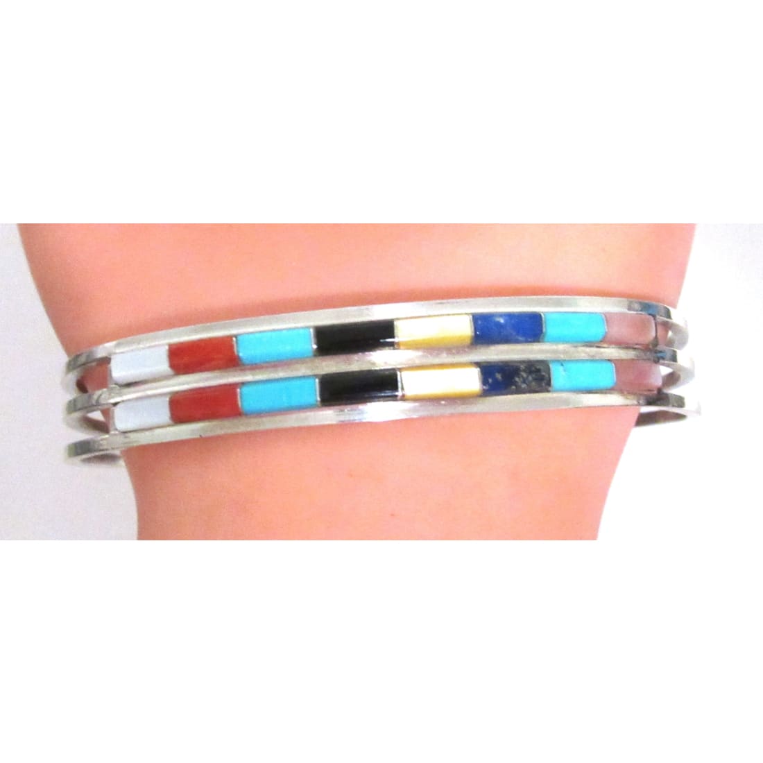 Zuni Turquoise Multi Stone Inlay Stacker Cuff Bracelet Sterling A. Wallace