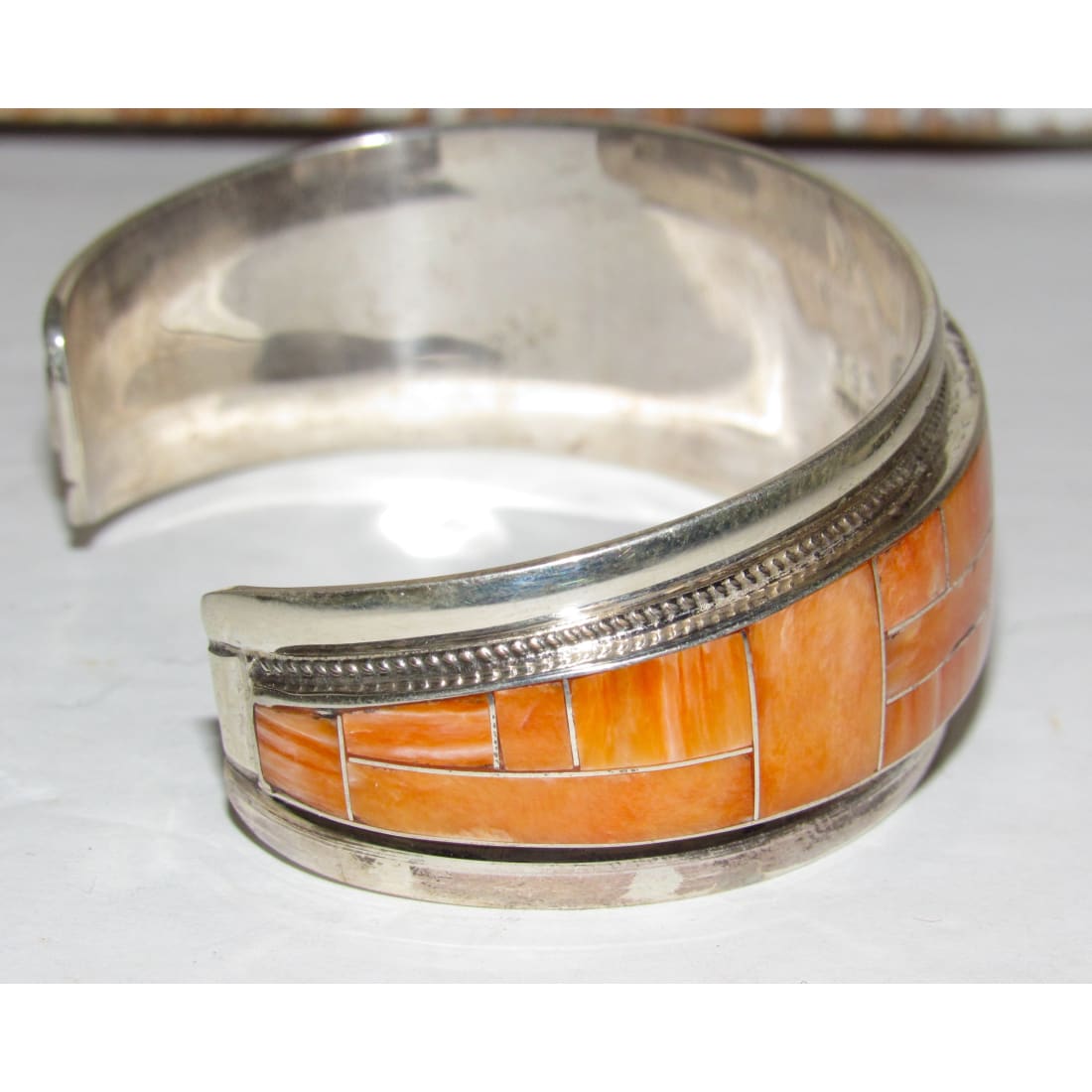 Navajo Orange Spiny Inlay Stacker Cuff Bracelet Sterling R. Begay