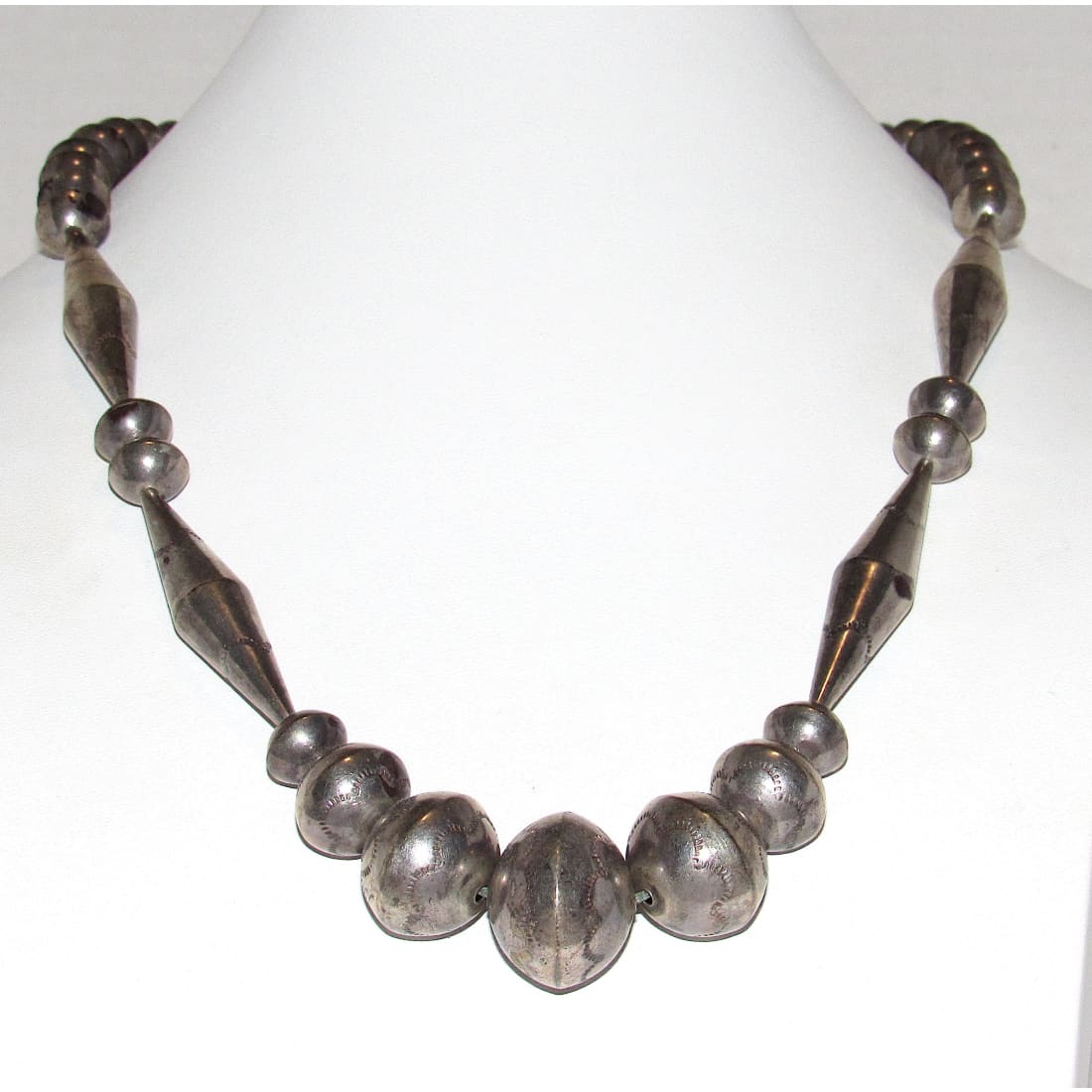 Old Pawn Handmade Navajo Pearls Necklace Stamped Saucer & Cones Beads Sterling
