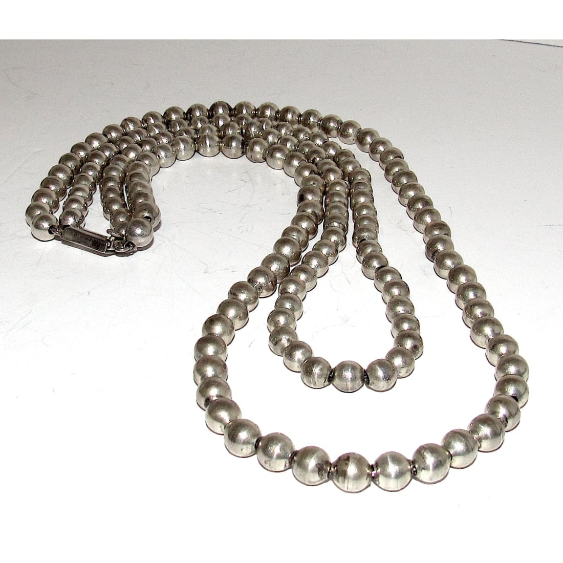 Vintage Mexican Taxco Necklace Double Strand Sterling Silver 22" Beaded Choker 125G