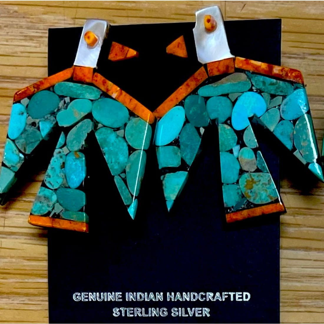 Kewa Santo Domingo Thunderbird Earrings Turquoise Coral D. Crespin
