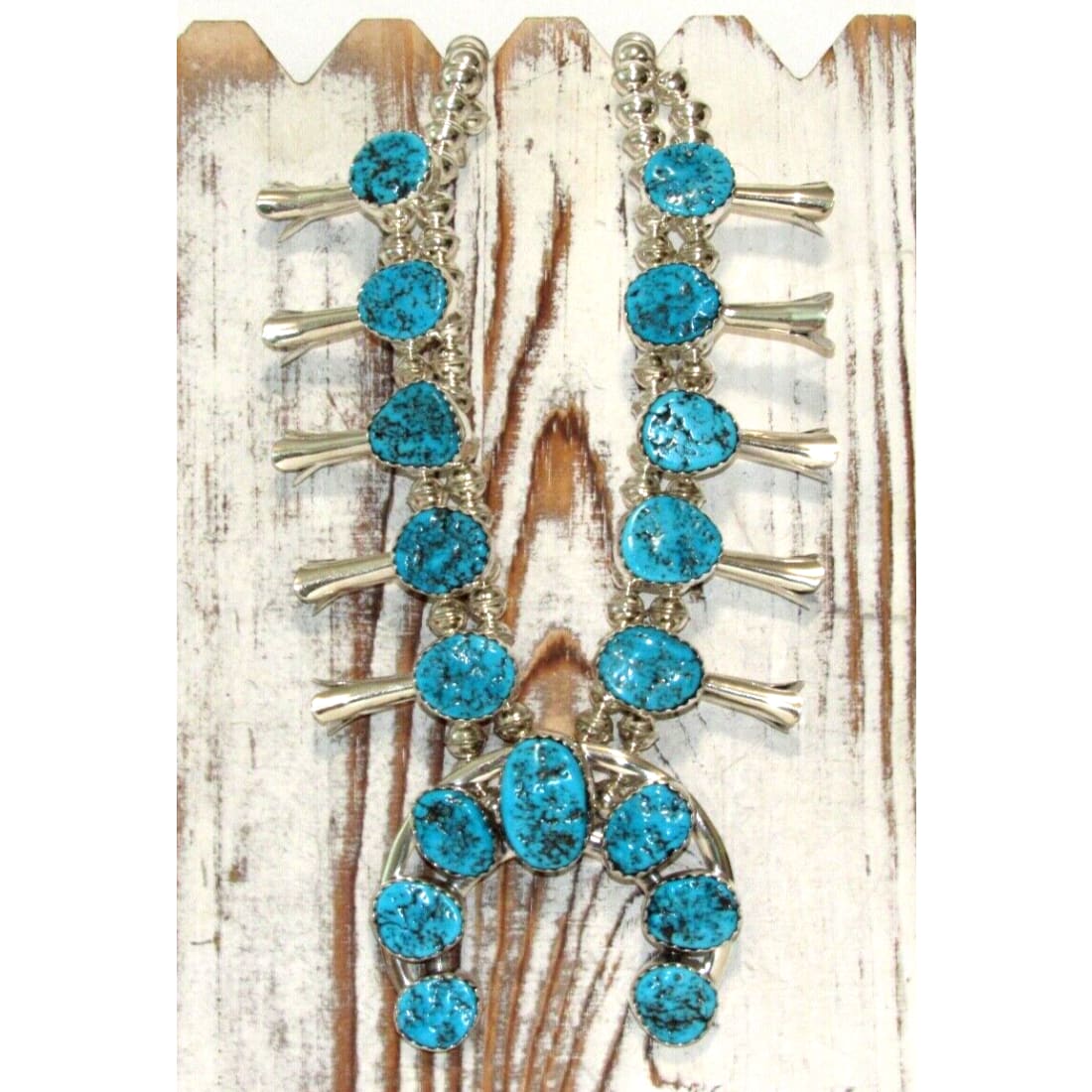 Navajo Squash Blossom Necklace Kingman Turquoise Necklace Sterling Silver