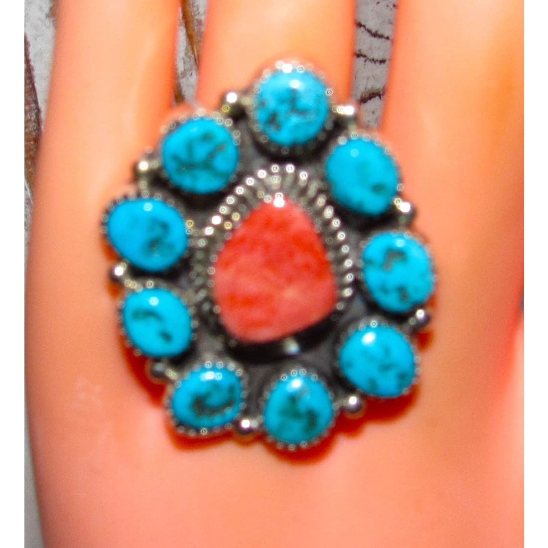 Navajo Cluster Ring Sz 7 Orange Spiny Oyster Kingman Turquoise Sterling Silver
