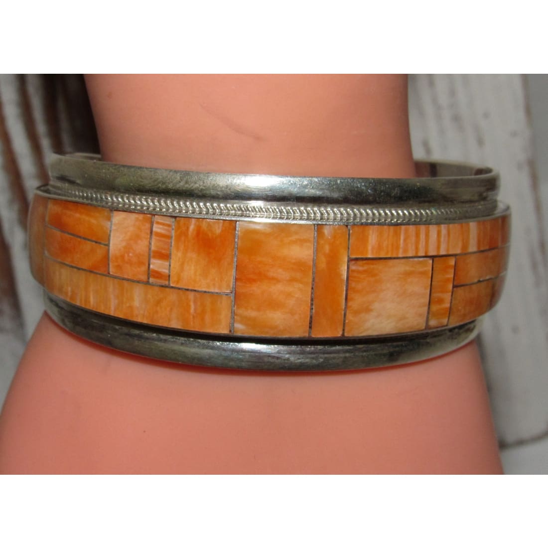 Navajo Orange Spiny Inlay Stacker Cuff Bracelet Sterling R. Begay