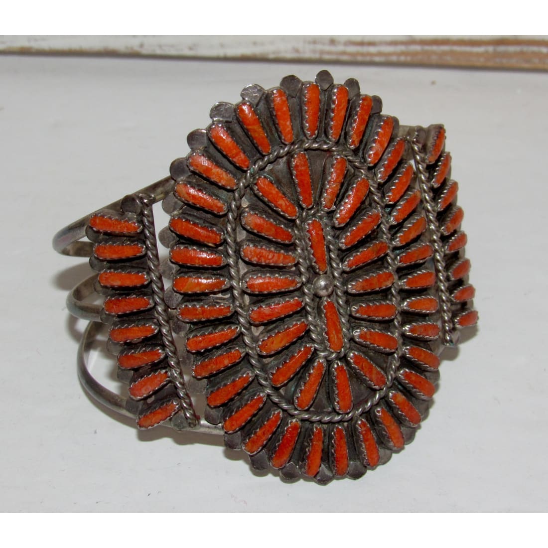 Old Pawn Navajo Coral Cluster Cuff Bracelet Sterling Silver Lavell Byjoe