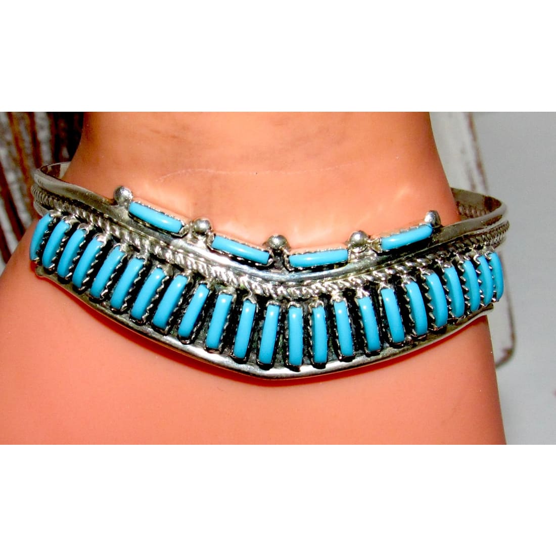 Vintage Zuni Petit Point Turquoise Cuff Bracelet Sterling Silver
