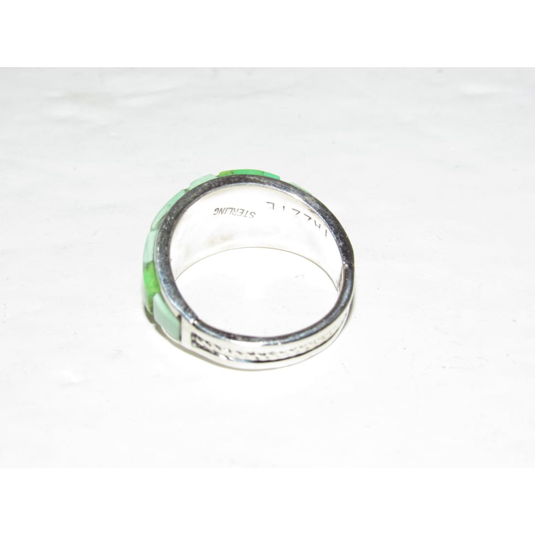 Navajo Green Gaspeite Turquoise Cobble Inlay Ring Sz 7.5 Sterling Silver E Yazzie