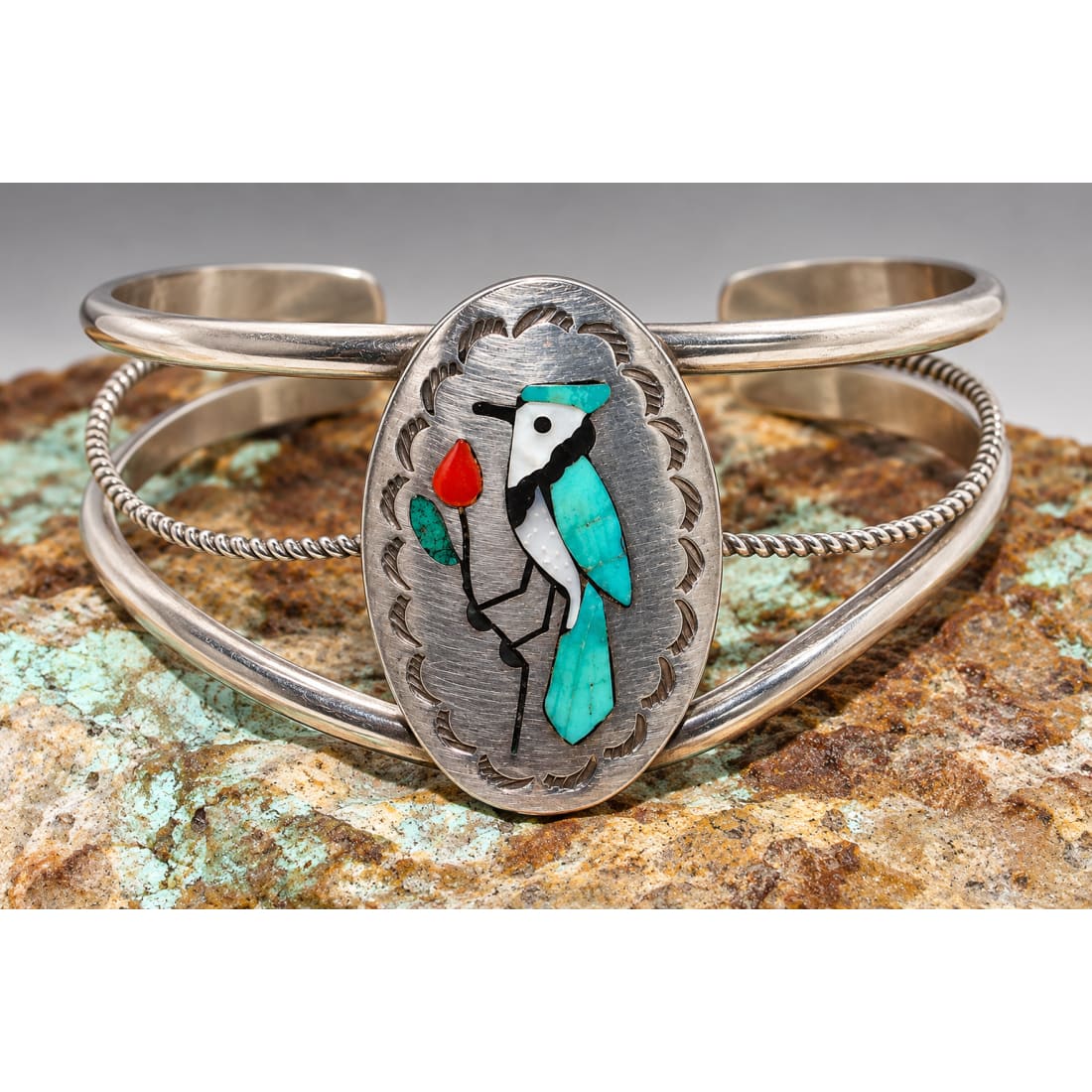 Vintage Zuni Inlay Blue Jay Cuff Bracelet Sammy & Esther Guardian Sterling Silver
