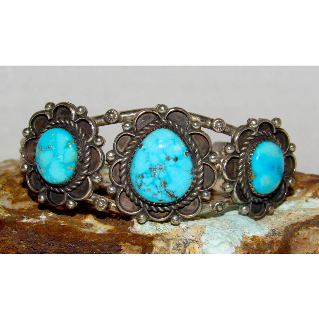 Vintage Navajo Kingman Turquoise Sterling Cuff Bracelet J Begay Native American