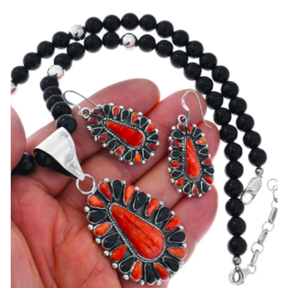 Navajo Red Orange Spiny Onyx Cluster Necklace Earrings Set Signed