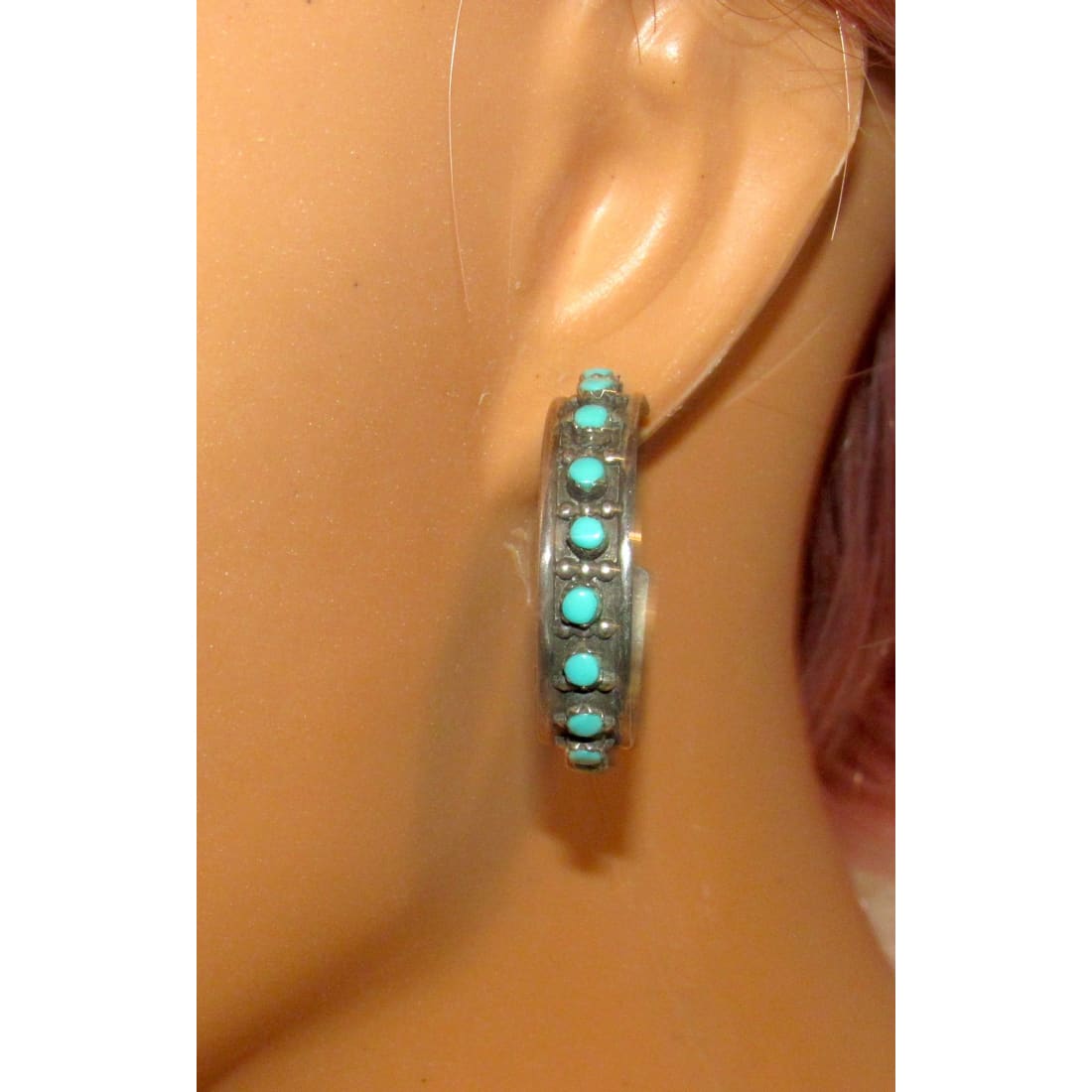 Vintage Zuni Snake Eye Turquoise Hoop Earrings 1 1/4" Diameter Sterling Silver