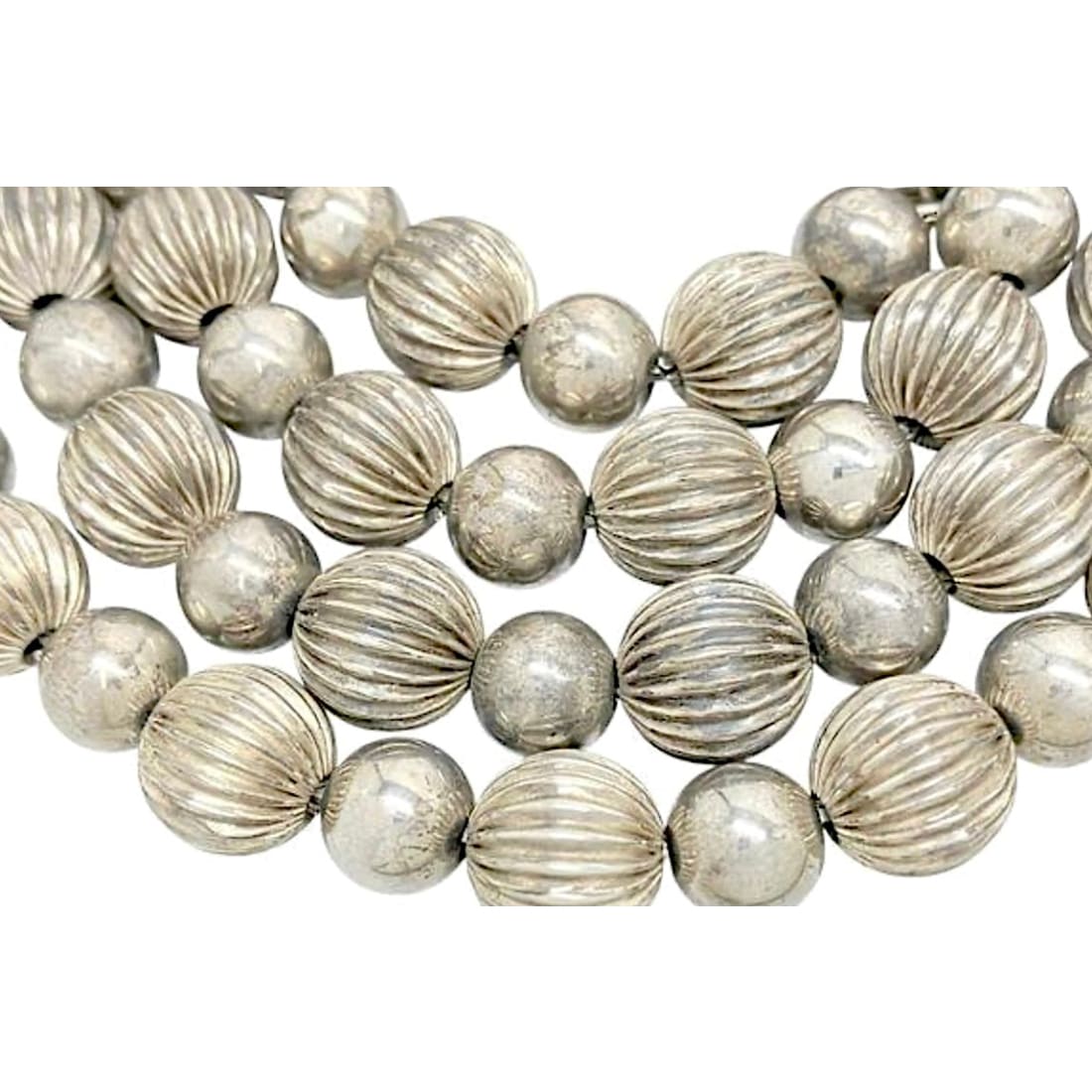 Vintage Navajo Pearls Necklace Sterling Silver Stamped Fluted Beads 26"L