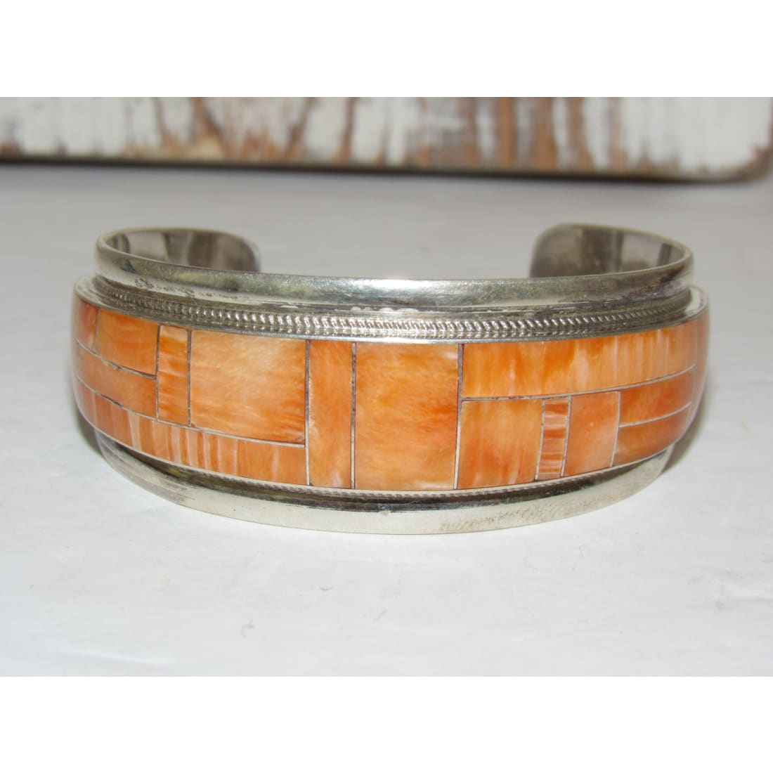 Navajo Orange Spiny Inlay Stacker Cuff Bracelet Sterling R. Begay