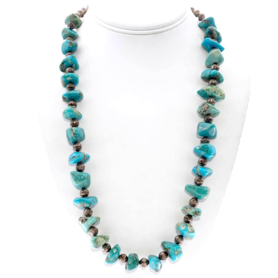 Old Pawn Navajo Pearls Necklace Saucer Beads Sterling Turquoise Nugget Heishi