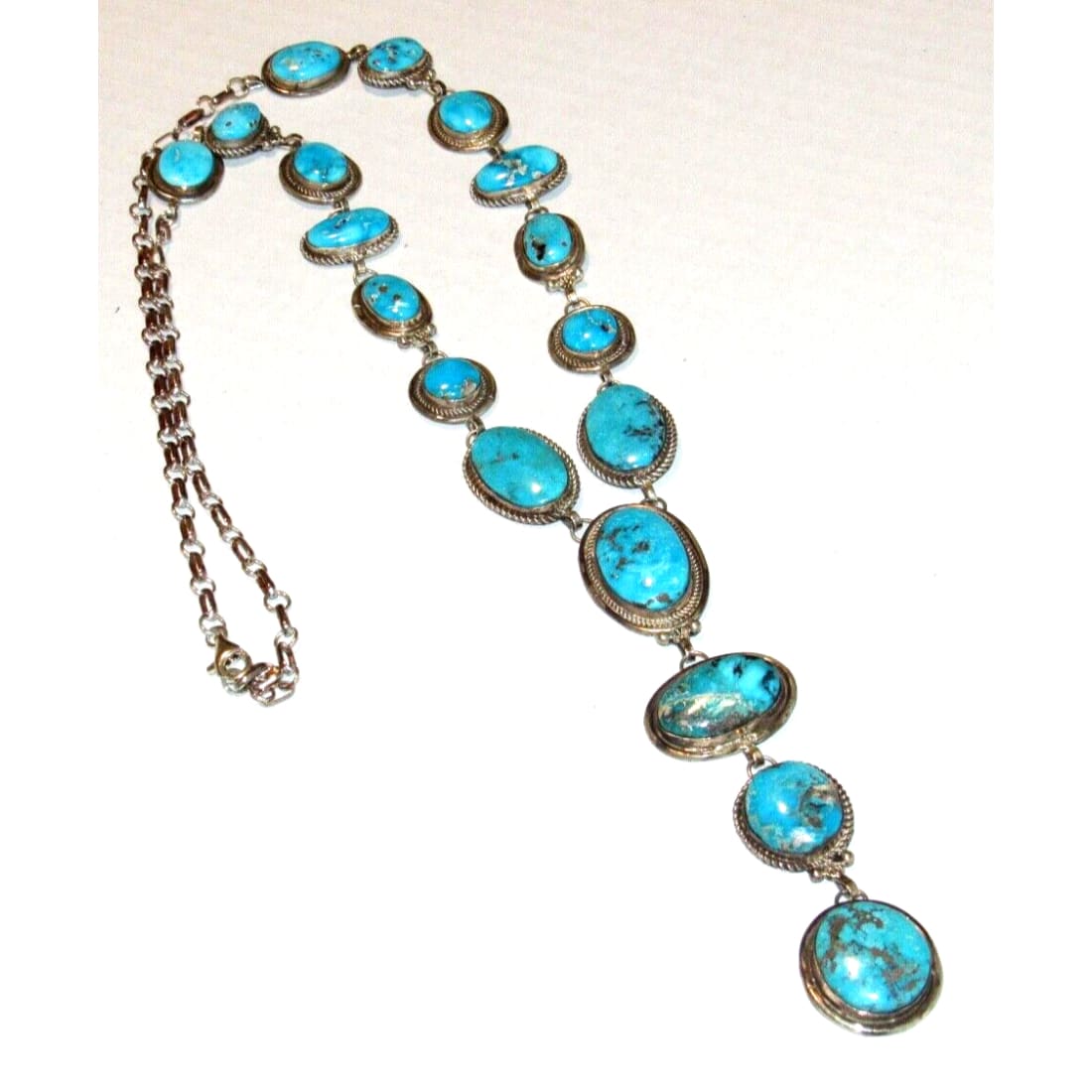 Huge Navajo Kingman Turquoise Lariat Necklace Sterling
