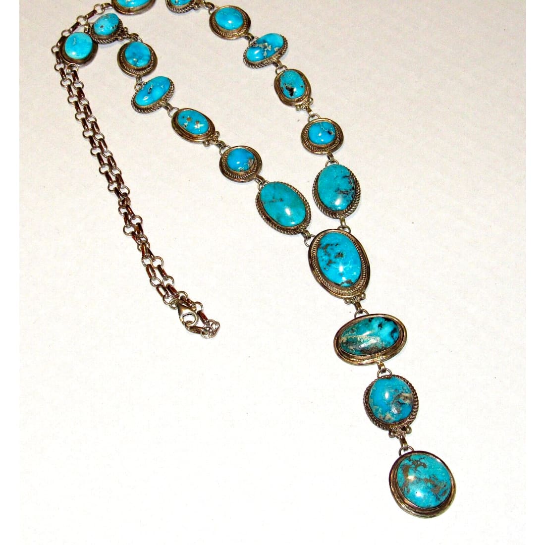 Huge Navajo Kingman Turquoise Lariat Necklace Sterling