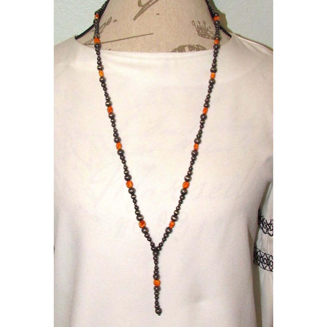 Long Navajo Pearls Necklace Sterling Silver Spiny Oyster