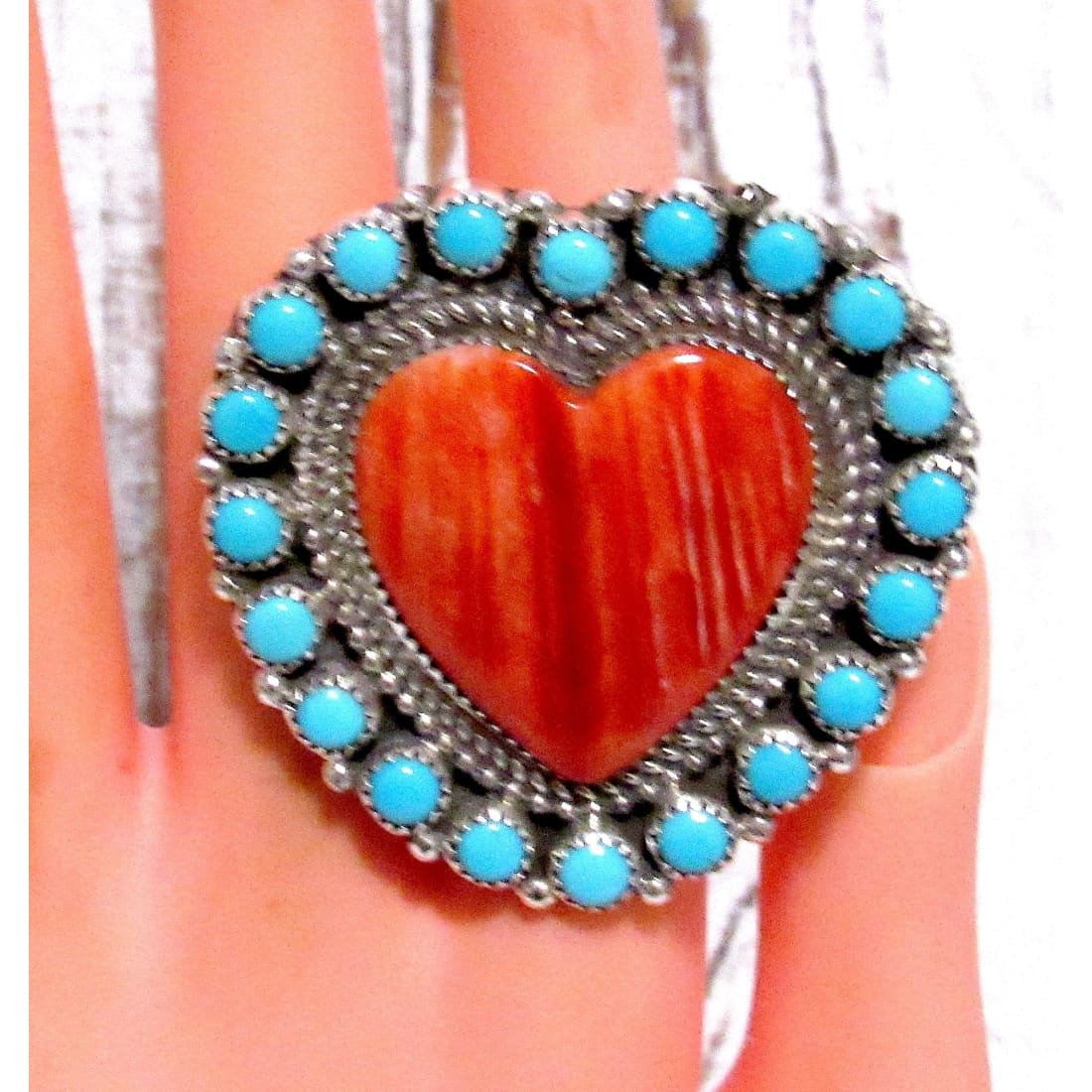 Massive Navajo Cluster Heart Ring Red Spiny & Turquoise