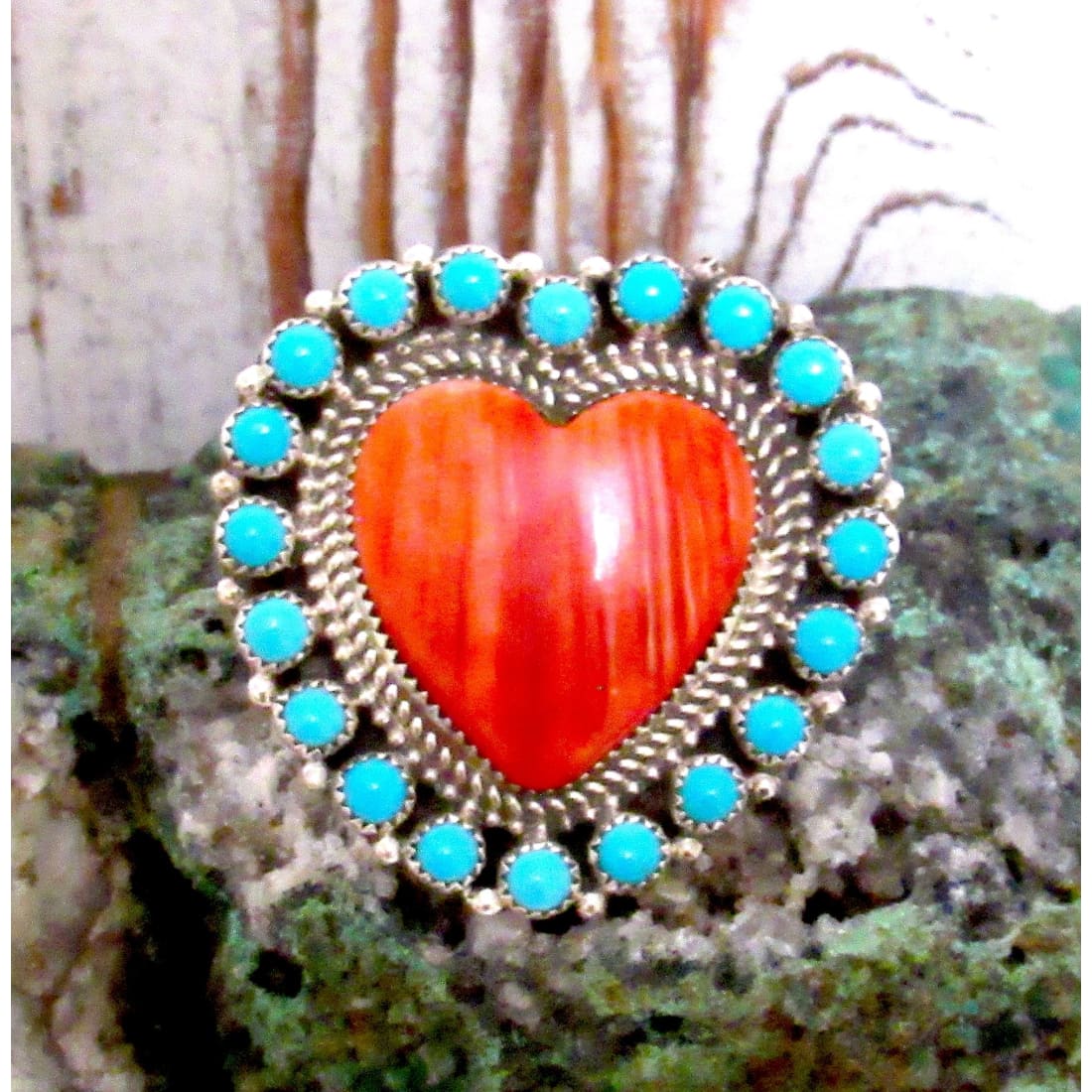 Massive Navajo Cluster Heart Ring Red Spiny & Turquoise