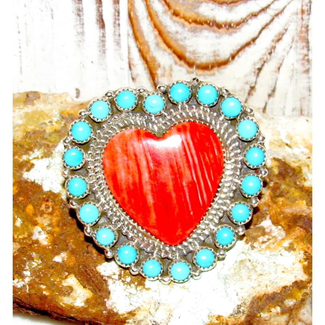 Massive Navajo Cluster Heart Ring Red Spiny & Turquoise