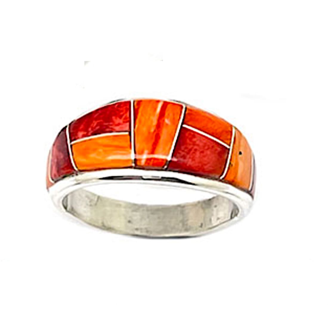 Massive Red & Orange Spiny Inlay Ring Sz 9 Sterling Silver