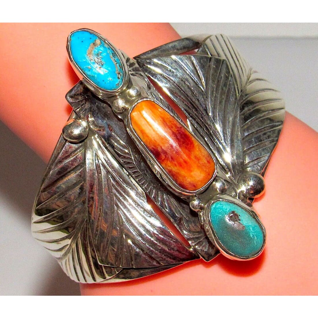Navajo Adam Fierro Turquoise Spiny Oyster Sterling Cuff