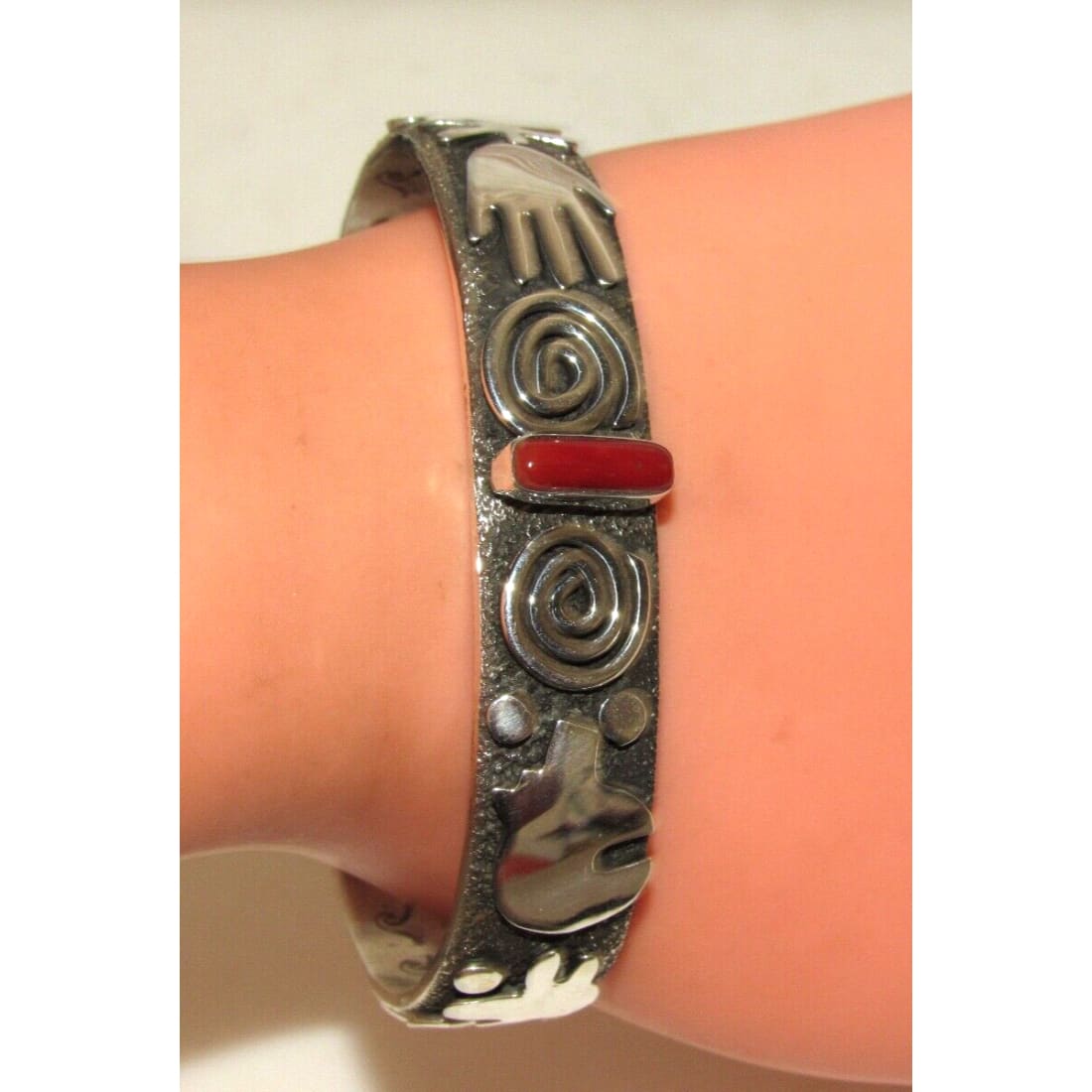 Navajo Alex Sanchez Petroglyphs Cuff Bracelet Coral